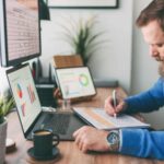 Bearded man writing on notepad in front of computer